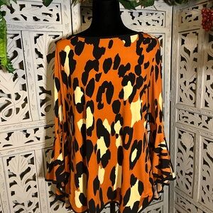 PRELUDE AWESOME ABSTRACT ORANGE BLACK & CREAM ANIMAL PRINT LONG SLEEVE TOP